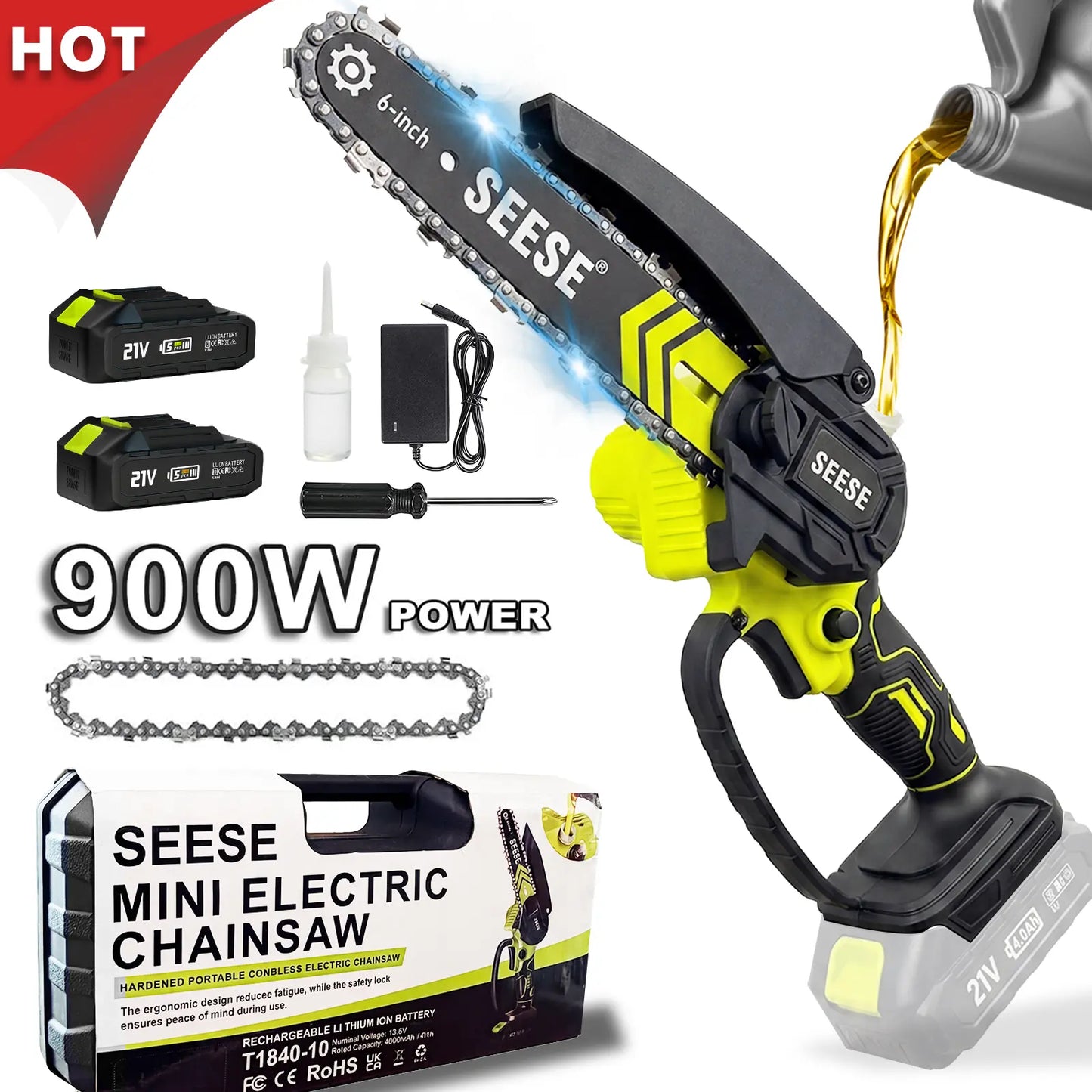 【Fathersdaygift】Seese 6-Inch Brushless Mini Chainsaw with Automatic Oiling System, Portable Cordless Electric Chain Saw for Wood Cutting, Pruning, Gardening & Camping, 2000Mah Battery Included, Suitable for Seniors & Women