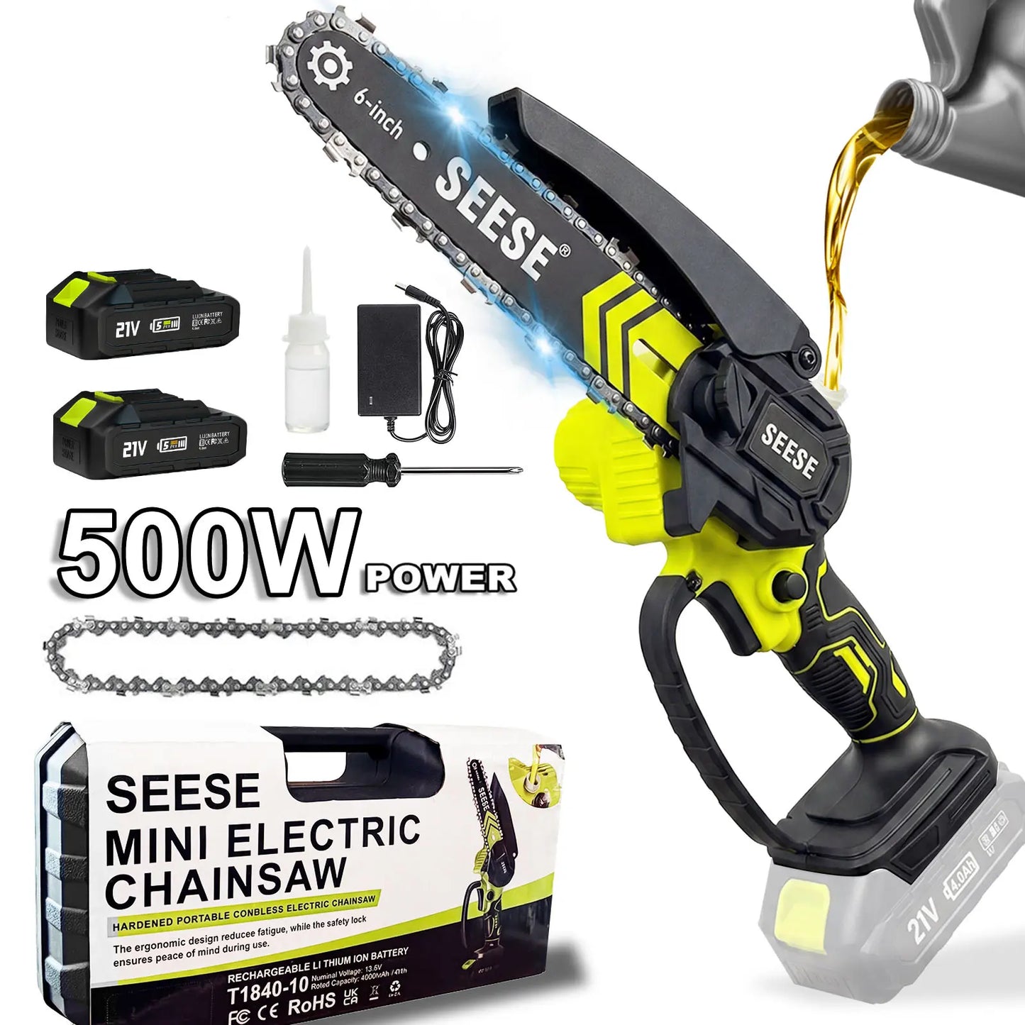 【Fathersdaygift】Seese 6-Inch Brushless Mini Chainsaw with Automatic Oiling System, Portable Cordless Electric Chain Saw for Wood Cutting, Pruning, Gardening & Camping, 2000Mah Battery Included, Suitable for Seniors & Women