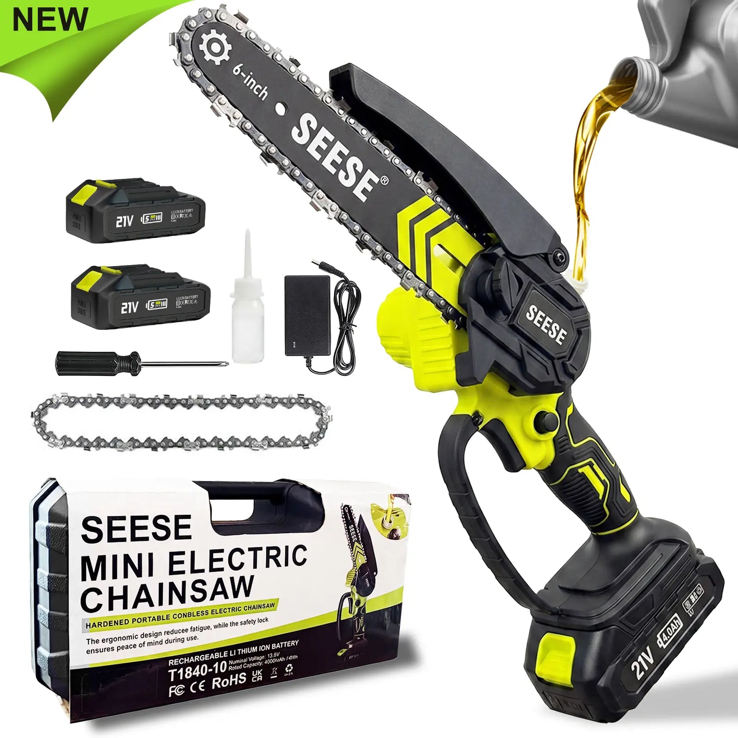 【Fathersdaygift】Seese 6-Inch Brushless Mini Chainsaw with Automatic Oiling System, Portable Cordless Electric Chain Saw for Wood Cutting, Pruning, Gardening & Camping, 2000Mah Battery Included, Suitable for Seniors & Women