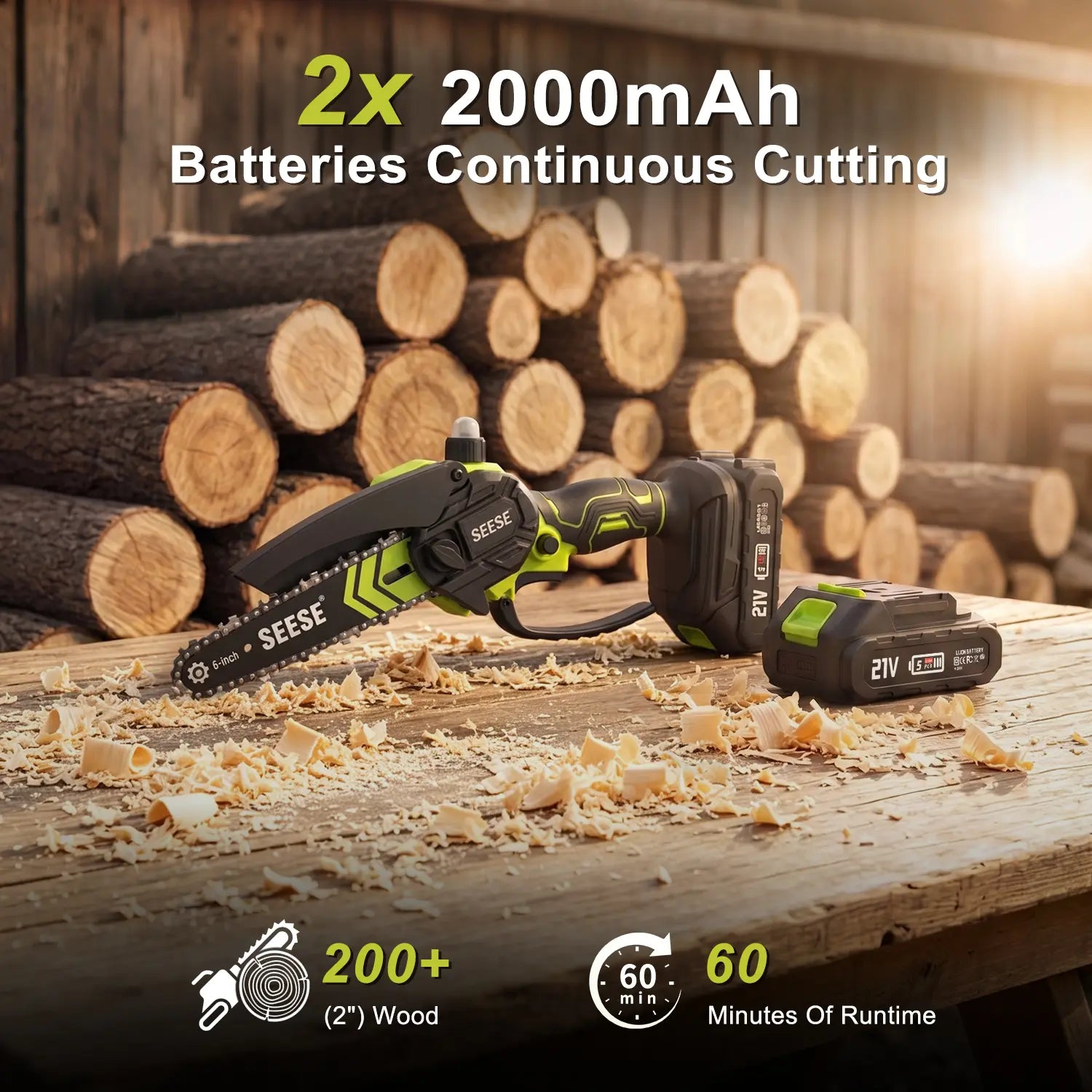 【Fathersdaygift】Seese 6-Inch Brushless Mini Chainsaw with Automatic Oiling System, Portable Cordless Electric Chain Saw for Wood Cutting, Pruning, Gardening & Camping, 2000Mah Battery Included, Suitable for Seniors & Women